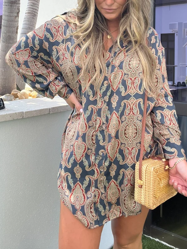 Print Long Sleeve Casual Shirt Dress