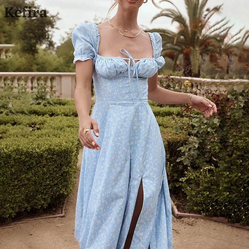 Kefira Sexy Floral Print Dress Women Short Puff Sleeve Ruched Drawstring Sundress Elegant High Split Vintage Casual Maxi Dresses