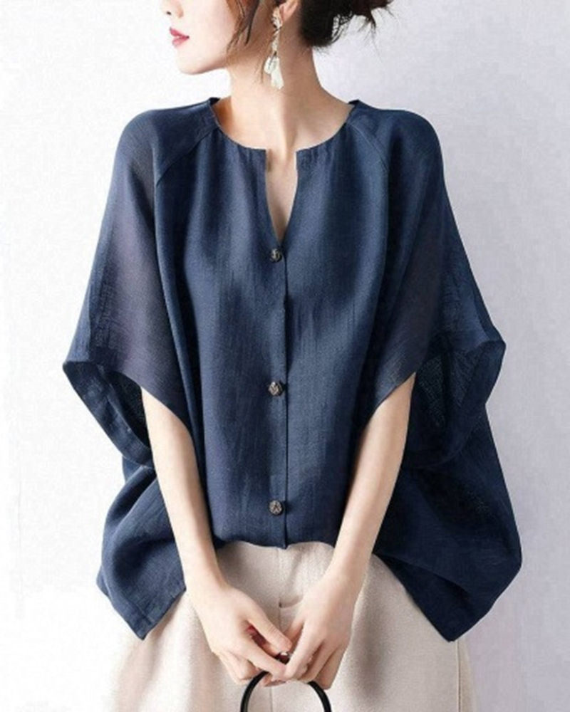 Batwing Sleeve V Neck Button Down Top