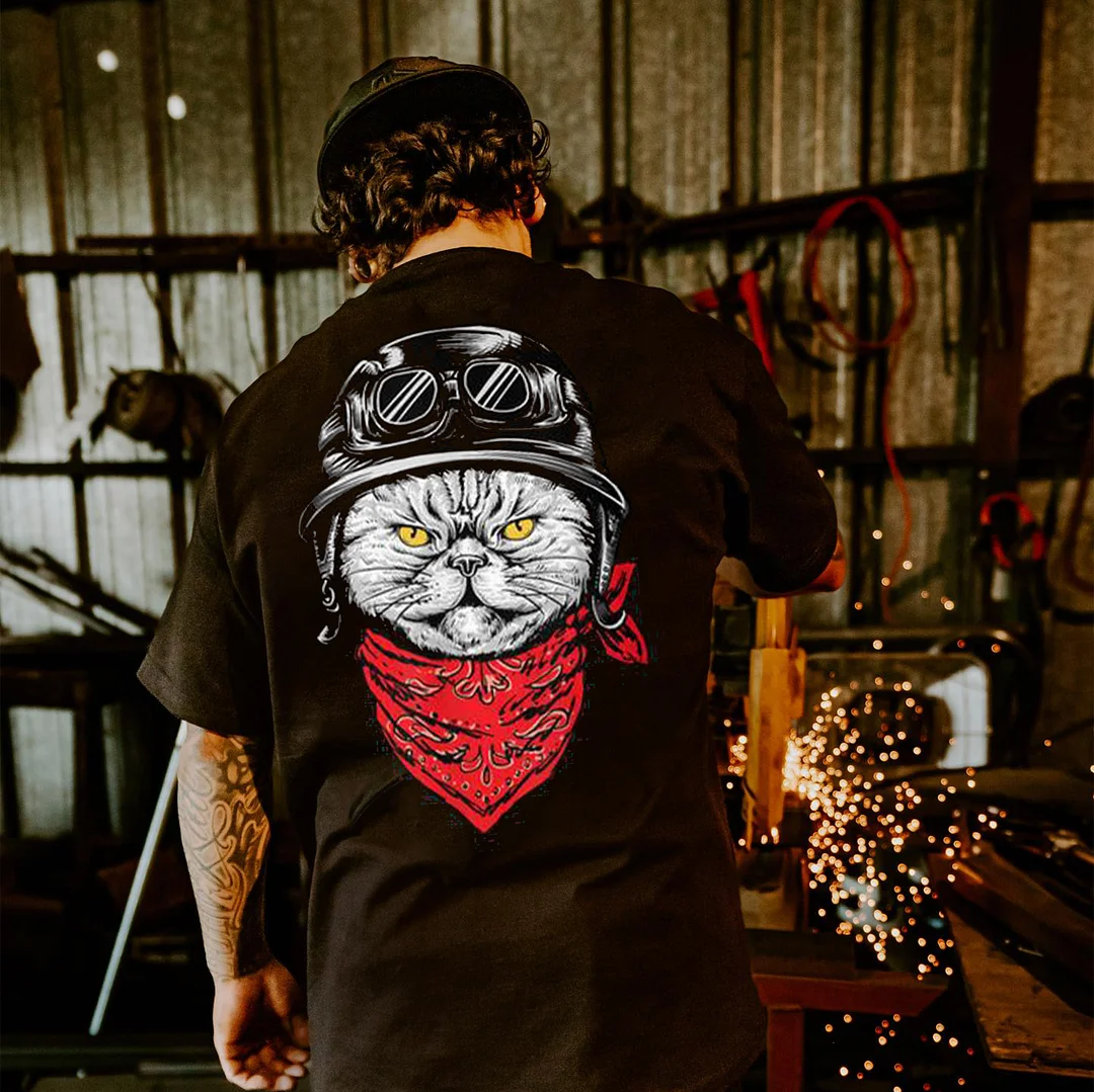 Helmet Cat Black Print T-Shirt