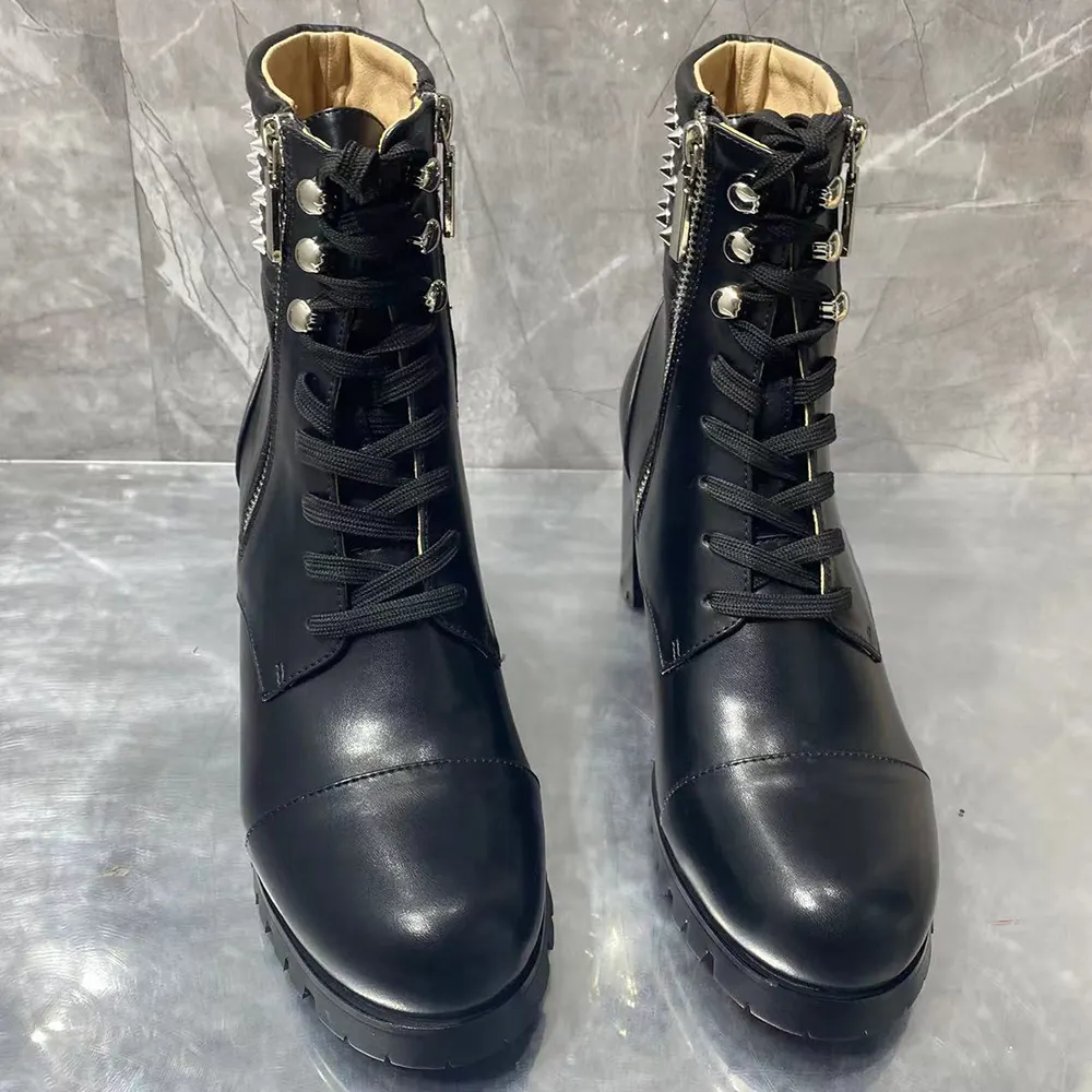 70mm/2.76 inch Women's Zipper Mid-Calf Boots Round Toe Rivet Chunky Heel Red Bottom Boots-vocosishoes