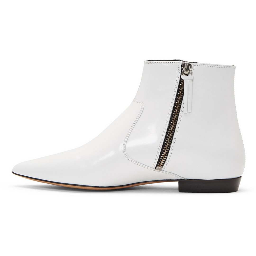 White Leather Pointed Toe Zipper Flat Ankle Boots Nicepairs