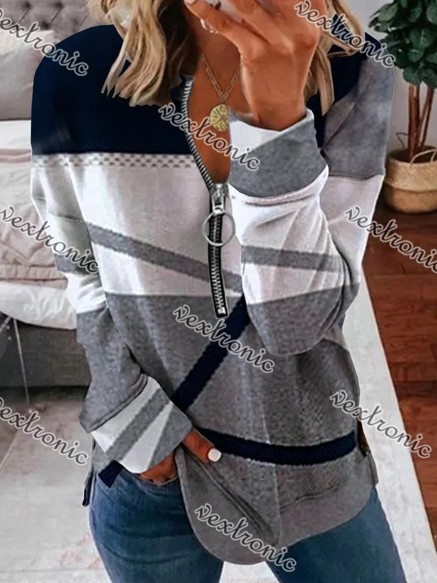 Women's V-neck Long Sleeve Gray Graphic Printed Top