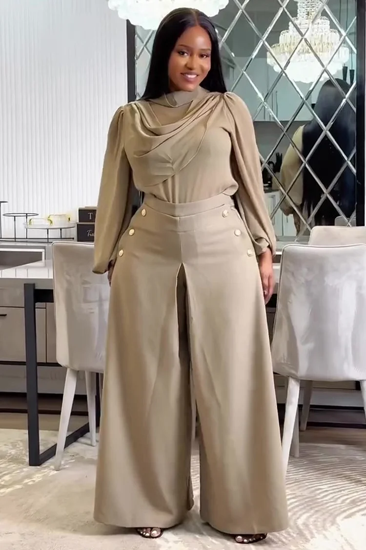 Scarf Decor Bell Sleeve Top Studded Wide Leg Pants 2pcs Set-Khaki [Pre Order]