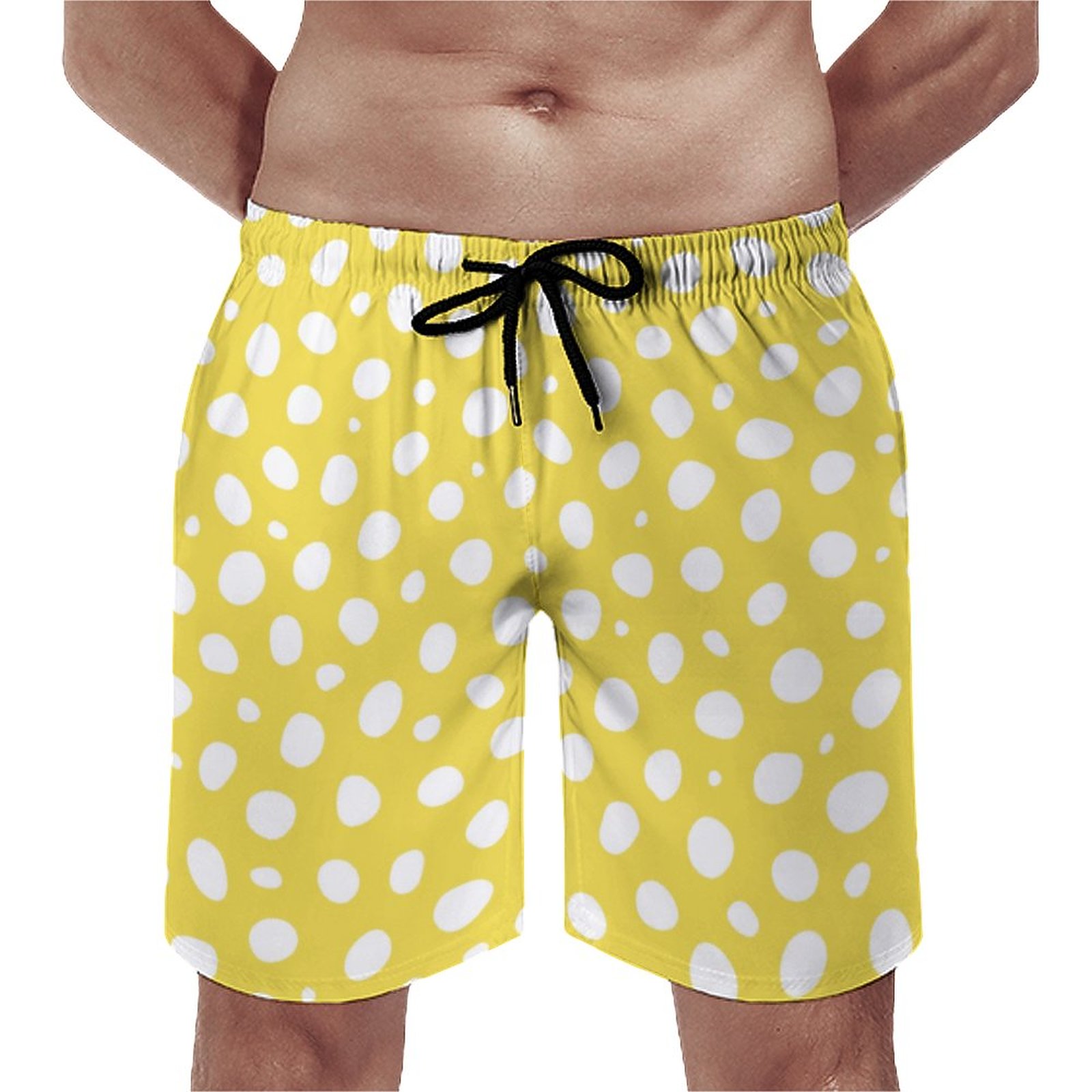 Yellow White Polka Dots Print Elegant Men's Swim Trunks Summer Board Shorts Quick Dry Beach Short with Pockets
