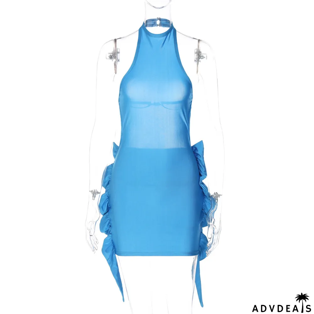 Women's Spring Summer Sleeveless Halter Neck Sexy Large Low Back Tight Fitting Bodycon Dress