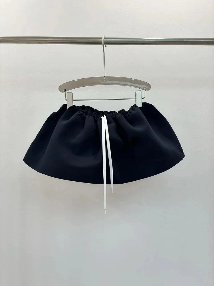 Navy Color Drawstring Short Skirt
