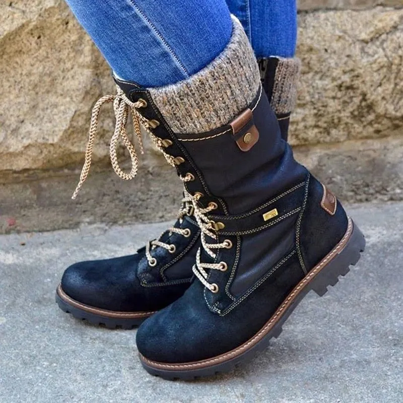 HZSHENGY Women Mid-Calf Boots Round Toe Low-Heeled Non-Slip Boots Knitted Patchwork Side Zipper Lace-Up Female Motorcycle Boots 117