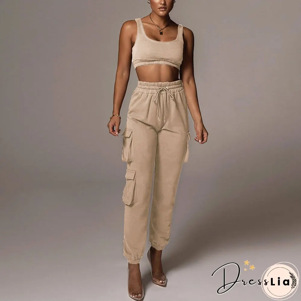Sporty Crop Top and Pocket Detail Jogger Tracksuit Pant Set