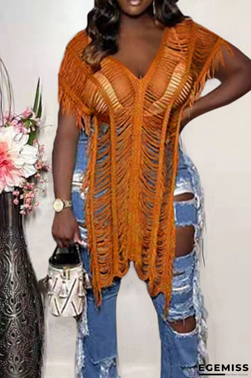 Tangerine Red Sexy Solid Tassel Hollowed Out Patchwork Swimwears Cover Up | EGEMISS