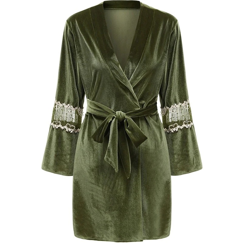 French Sexy Pajamas Women Winter Gold Velvet Nightdress Lace Bathrobe Nightwear Warm Thick Home Wear Nightgown Sleepwear