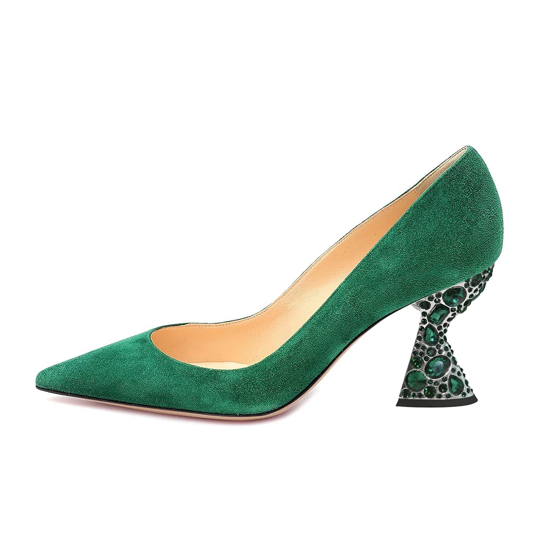 Dark Green Faux Suede Pumps with Colorful Rhinestone Embellishment 