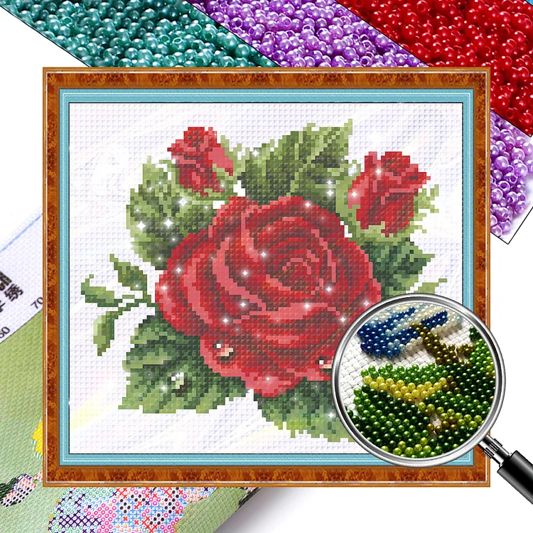 【Bead embroidery】 Dew Drop Rose Red (27*24cm) 9CT Stamped Cross Stitch gbfke