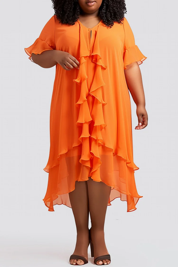 Xpluswear Design Plus Size Vacation Orange V Neck Flare Short Sleeve Ruffle Asymmetric Hem Chiffon Midi Dresses [Pre-Order]