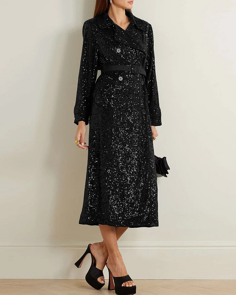 Belted sequined crepe trench coat 