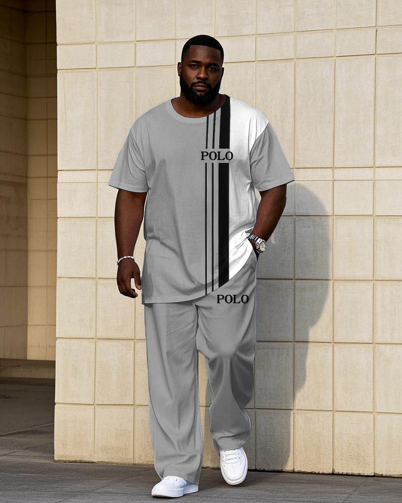 Men's Plus Size White & Grey Simple Colorblock Short-sleeved T-shirt Trousers Suit