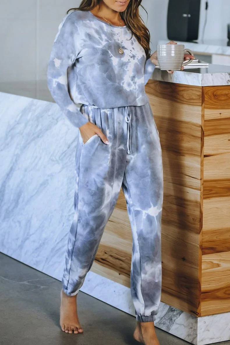 Tie-dye Printed Long-sleeved Trousers Split Casual Suit