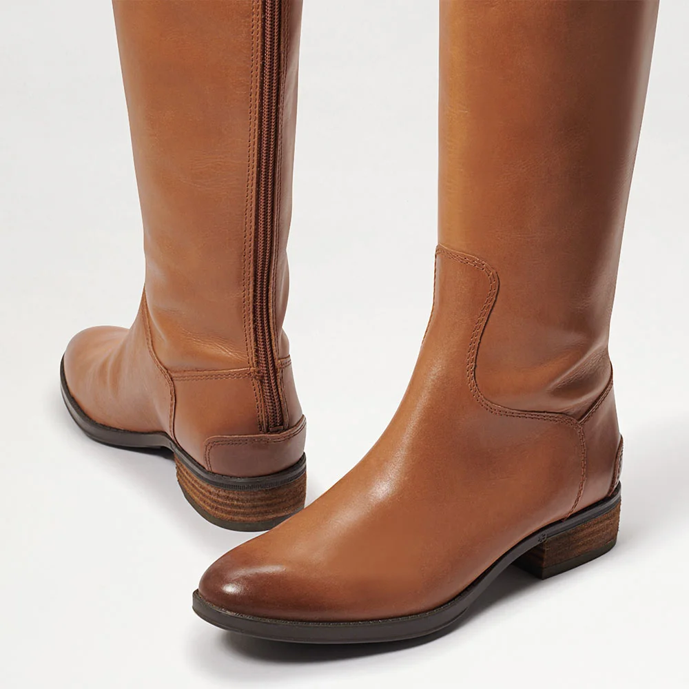 Brown Round Toe Chunky Heel Tall Boots for Women with Zipper