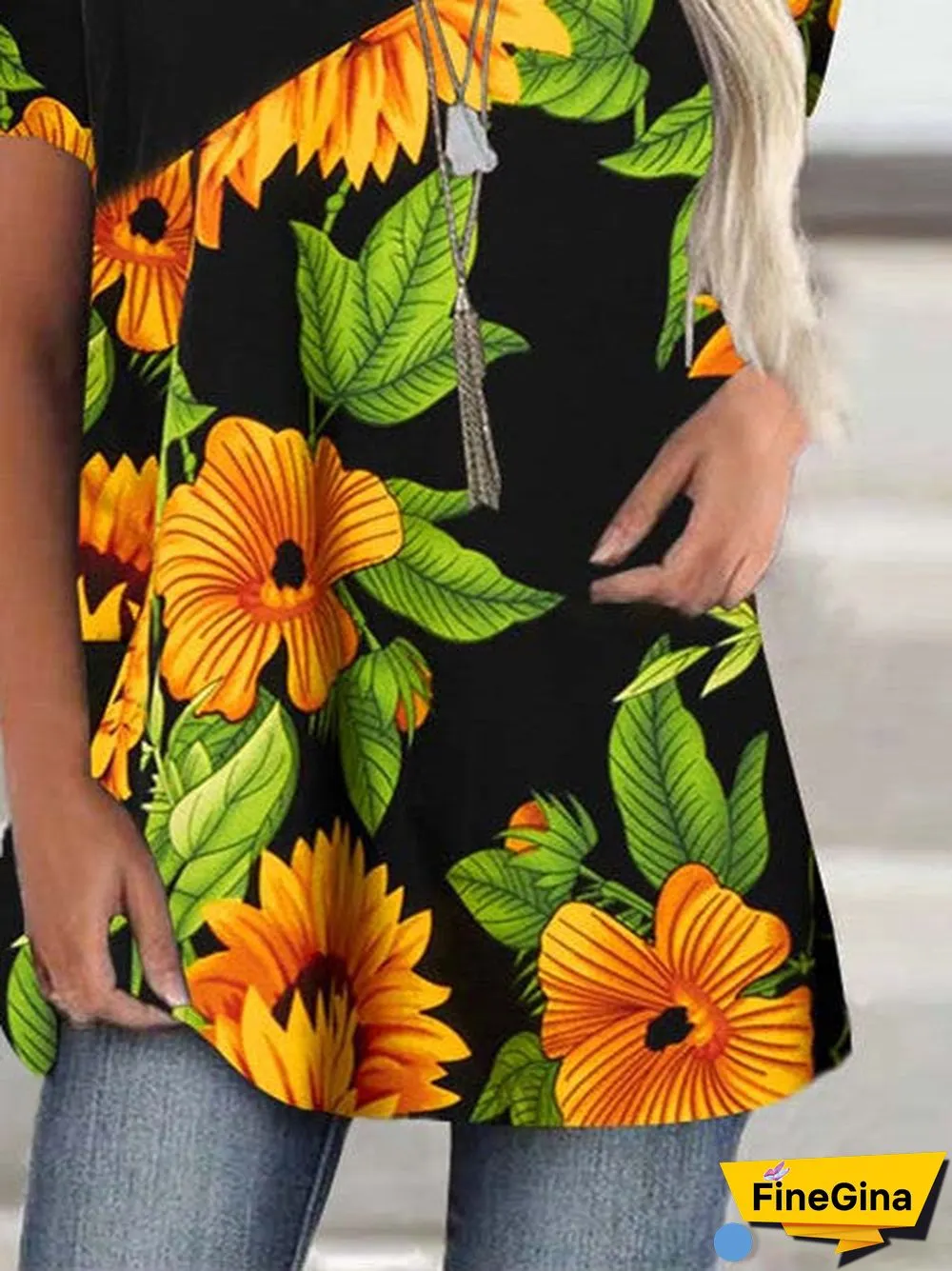 Women Short Sleeve Scoop Neck Floral Printed Stitching Top