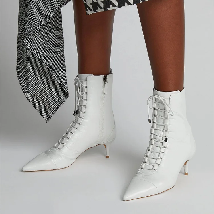 Elegant White Pointed Toe Lace-Up Boots Zip Kitten Heel Booties |FSJ Shoes