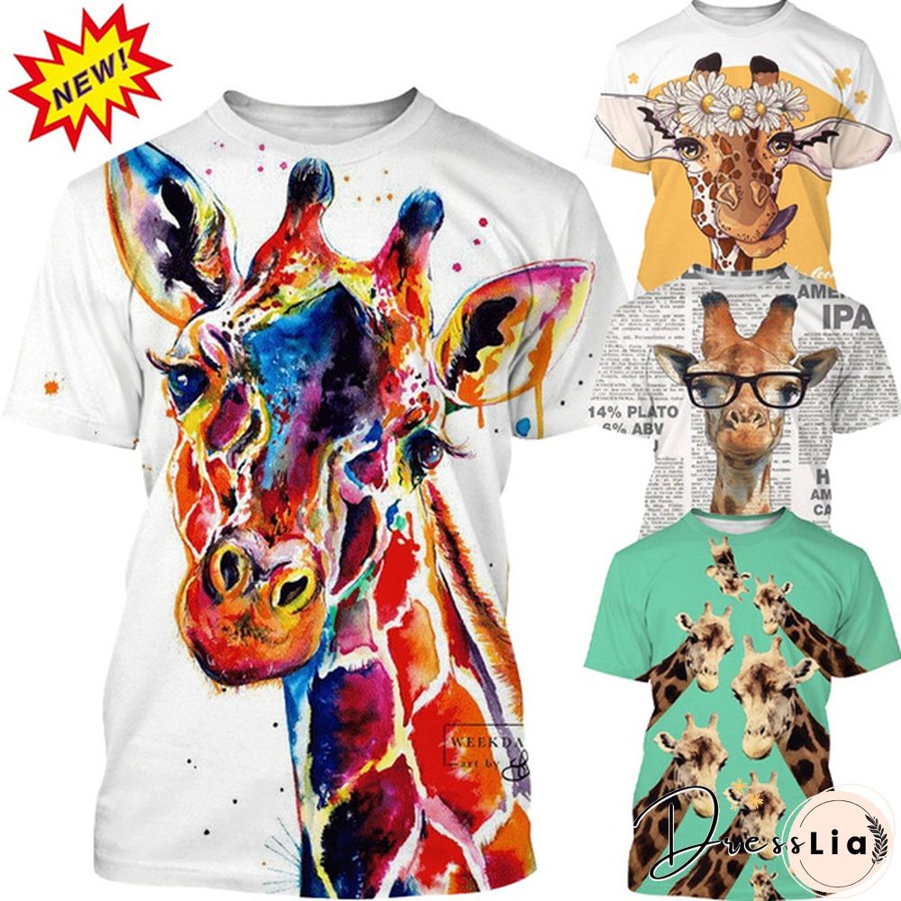 3D Printing Funny Animal Giraffe Pattern T-shirt Fashion Unisex Fun Casual Round Neck Short-sleeved T-shirt Top