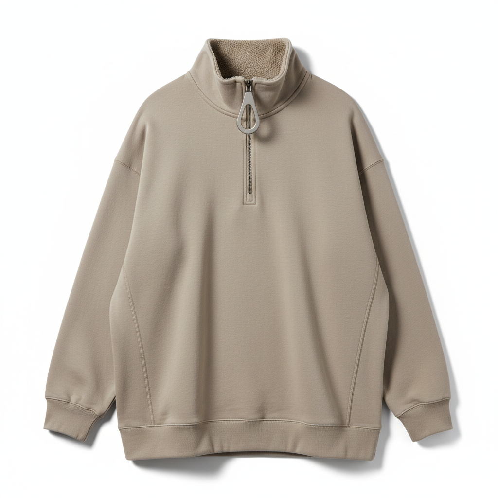 thesupersurf Casual Beige Half-Zip Fleece Sweatshirt 