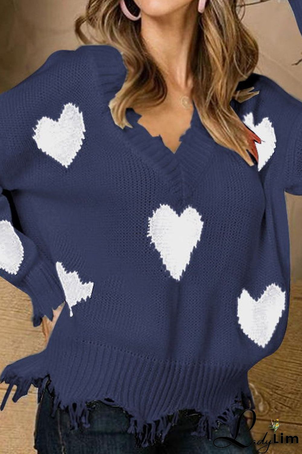 V-Neck Distressed Hearts Casual Sweater