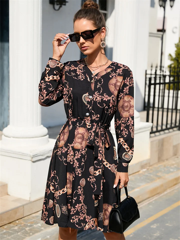 Women's Europe and The United States Summer Print V-neck Lace-up Three Single-breasted Long-sleeved Oversized Hem Mid-waist Dress