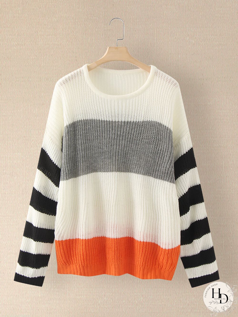 Contrast Color Stripe Long Sleeve O-neck Knit Sweater