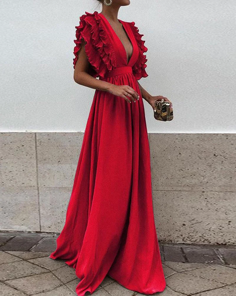 V-neck Ruffle Sleeve Dress
