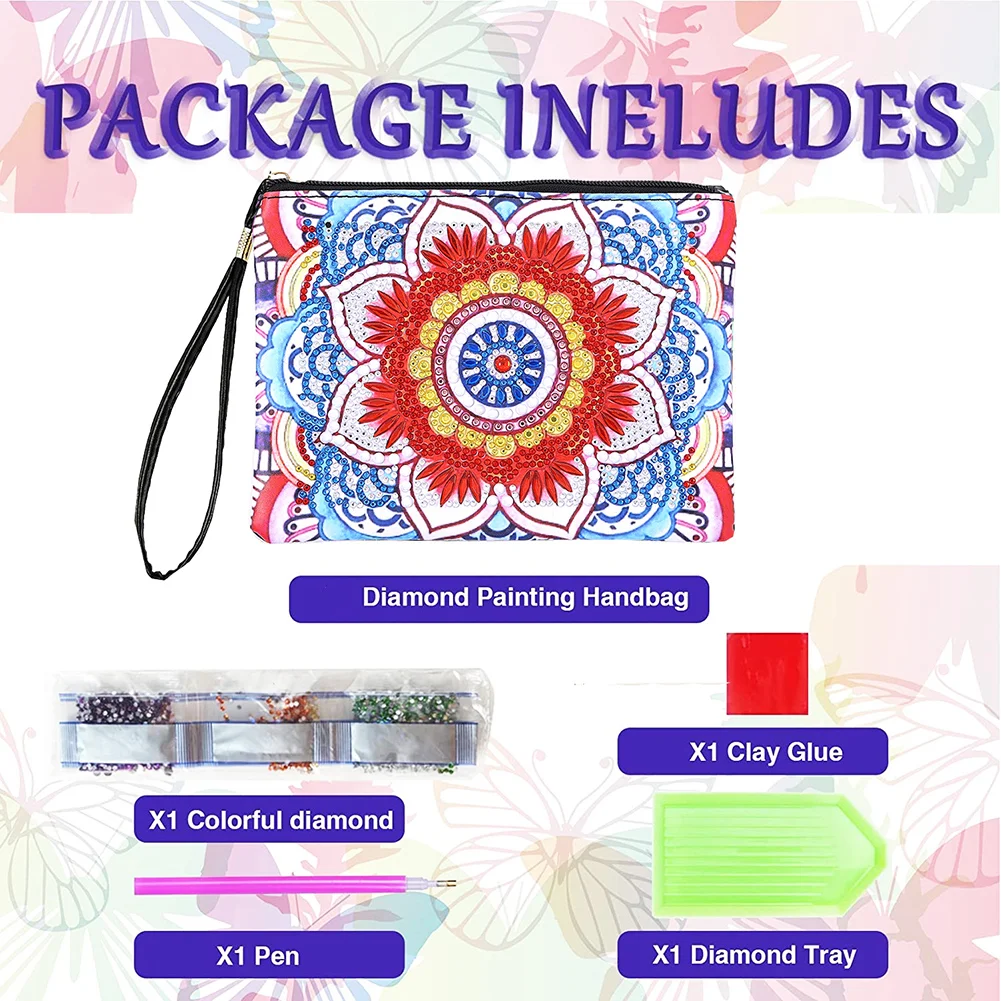 DIY Mandala Diamond Art Cosmetic Bag Flowers Single Sided PU Women Clutch