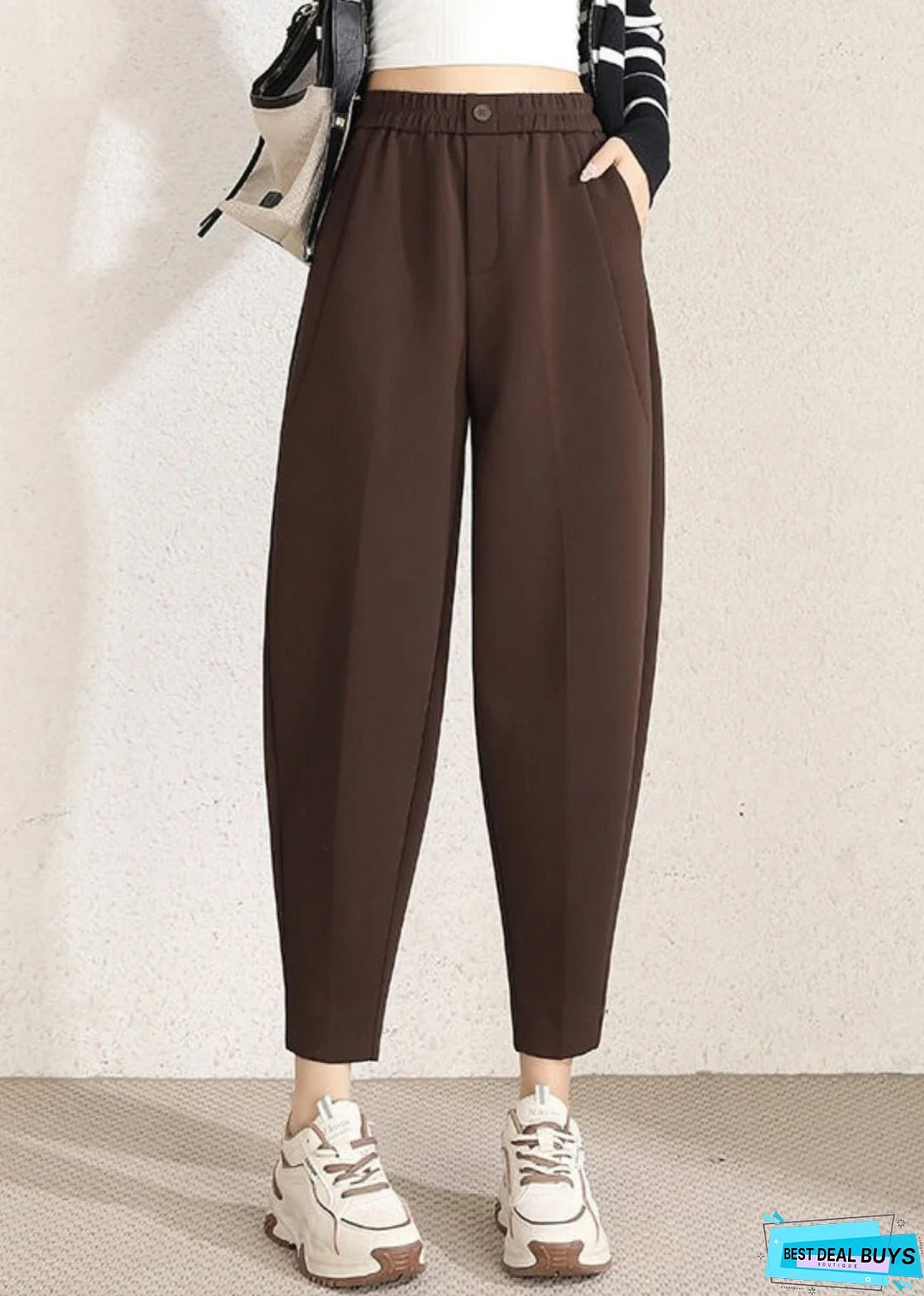 Simple Coffee Solid Pockets High Waist Cotton Crop Pants Spring