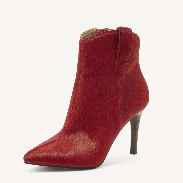 Plum Horse Hair Pointy Toe Ankle Booties with Stiletto Heels Vdcoo