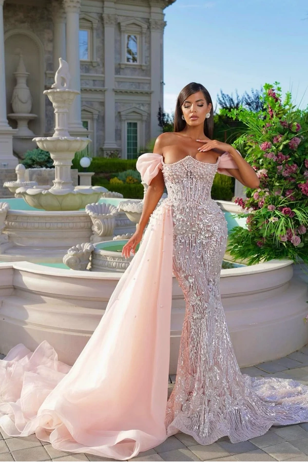 Oknass Off the Shoulder Sleeveless Long Mermaid Prom Dress With Beading