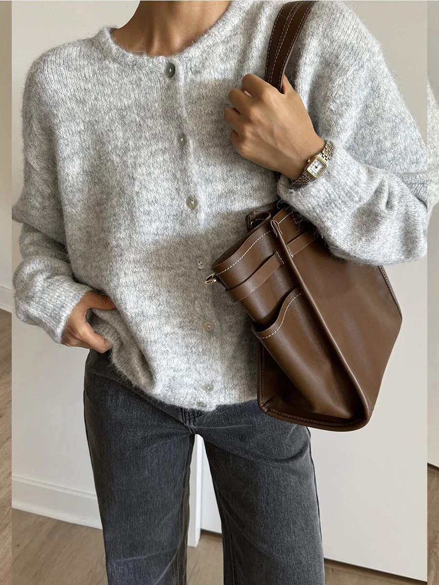 Athvotar Athvotar White With Soft Knitted Cardigan Female Retro Buckle Gray Wool Sweater Coat In Wind