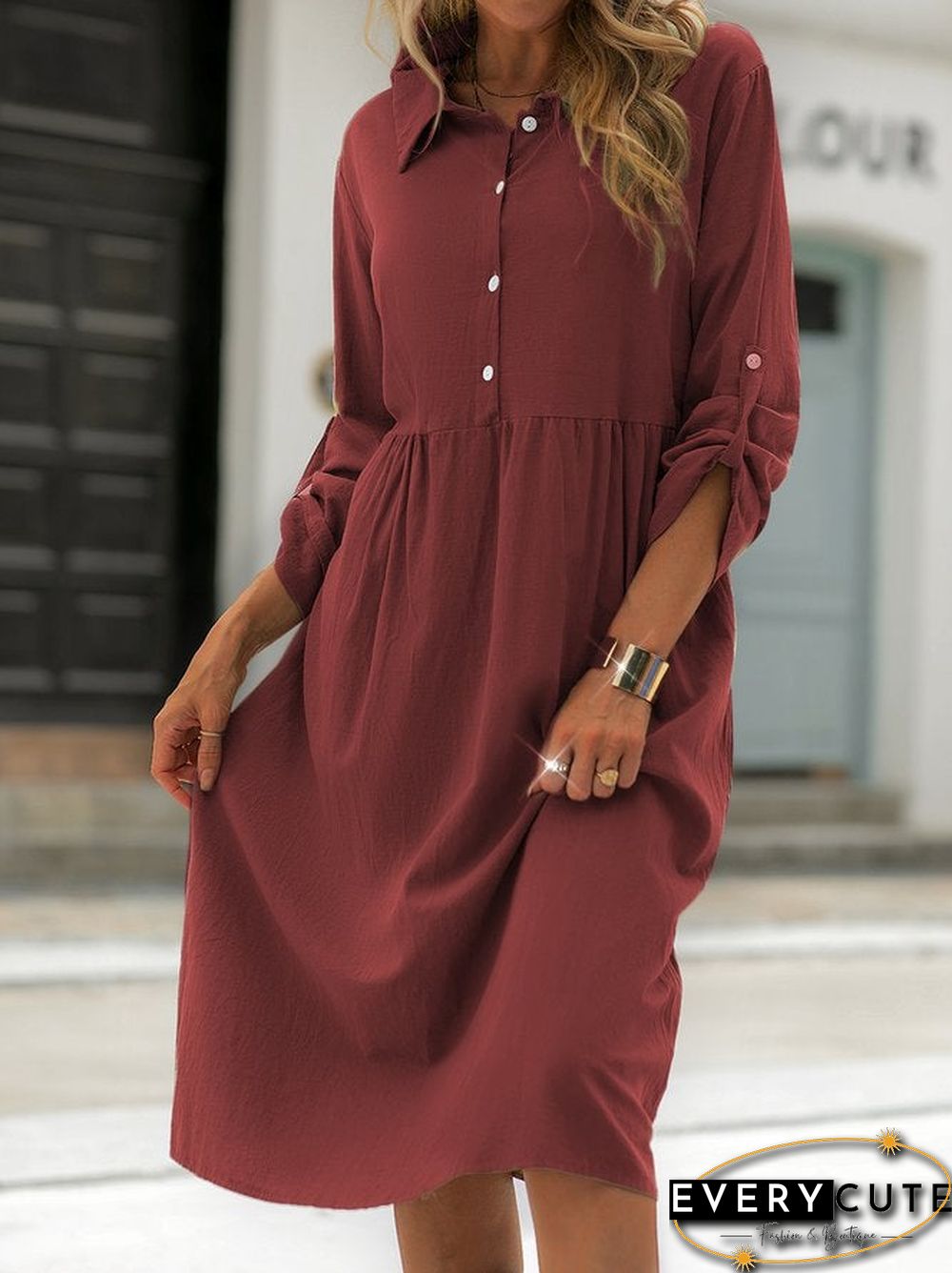 Shirt Collar Shift Long Sleeve Cotton-Blend Dresses Linen