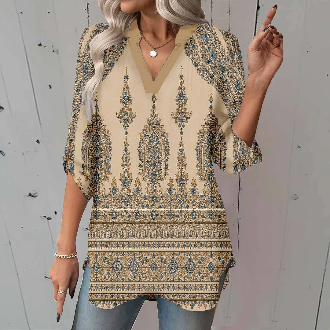 Women Retro, Bohemian, Khaki DZGA0190 3/4 Sleeve V-neck Printed Graphic Button Tops