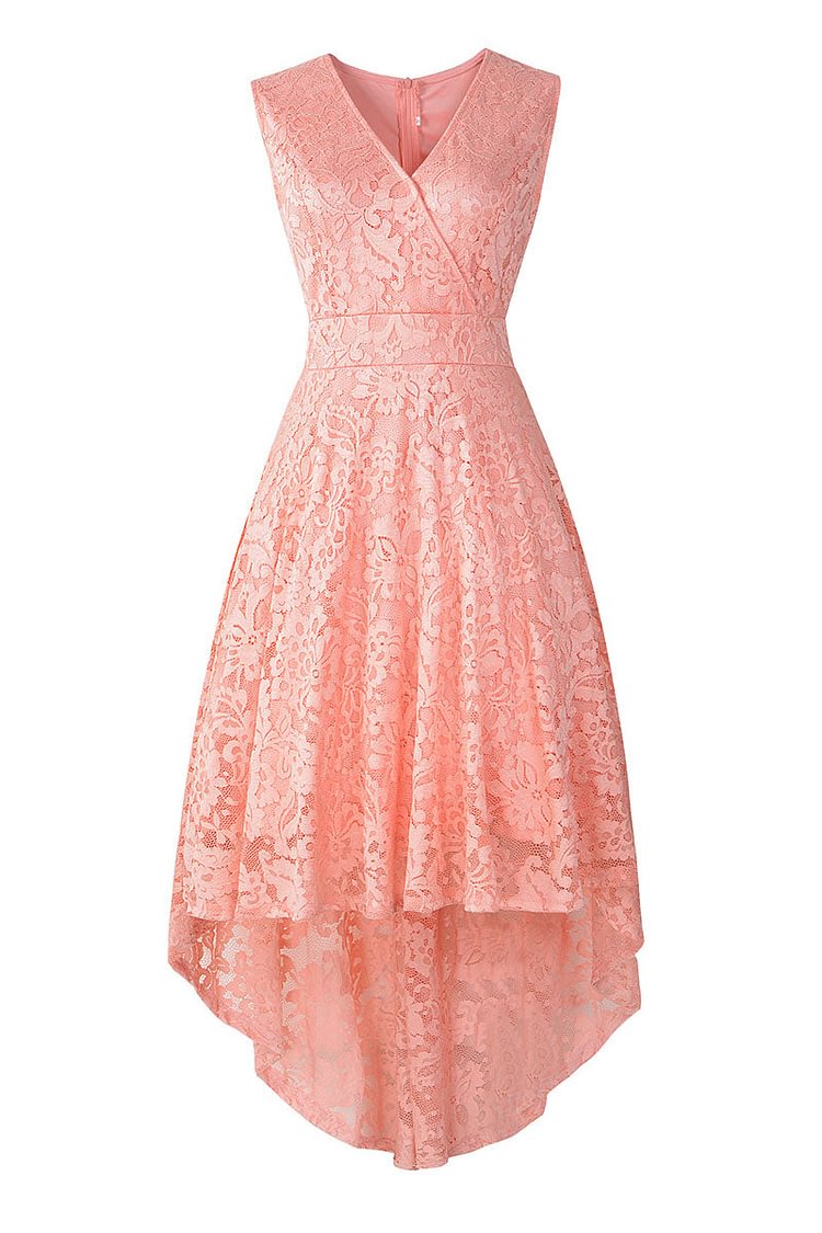 Pink V Neck Sleeveless High Low Lace Cocktail Dress - Shop Trendy Women's Clothing | LoverChic