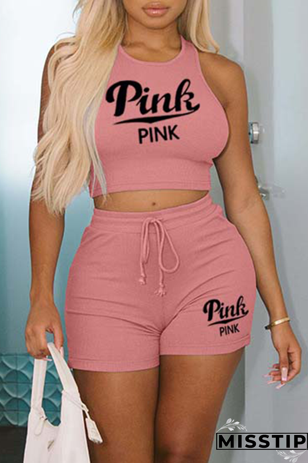Pink Casual Print Patchwork O Neck Sleeveless Two Pieces