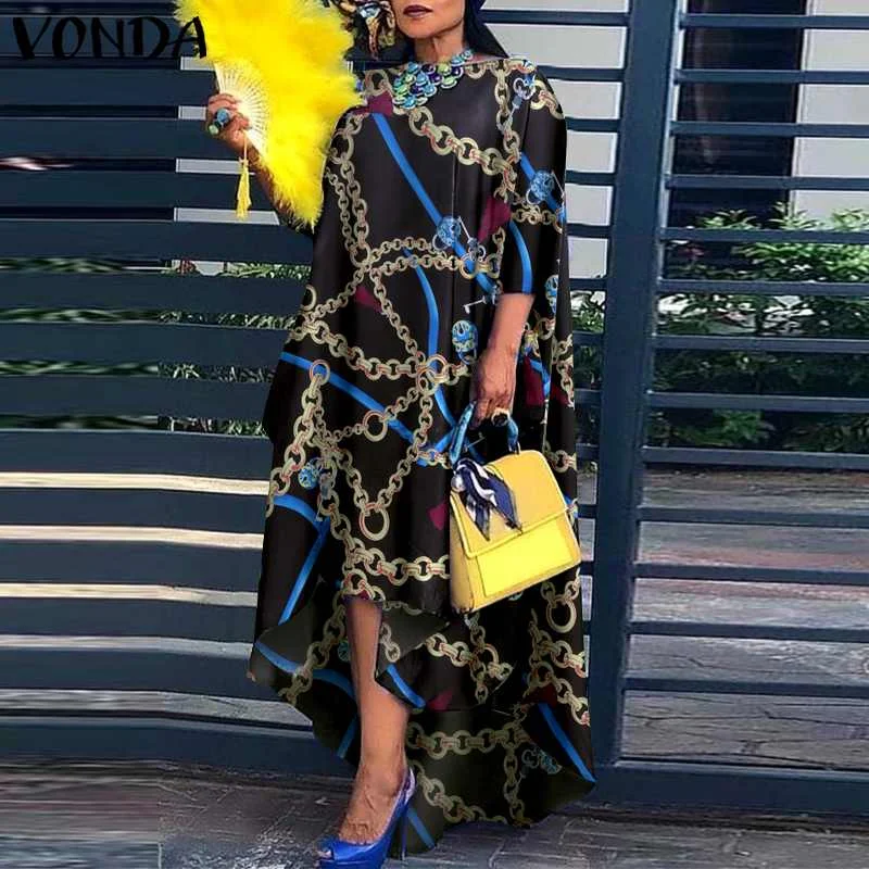 Women Dress 2022 VONDA Vintage Printed Asymmetric Party Long Maxi Dress Femme Robe Beach Sundress Casual Vestido Plus Size Robe