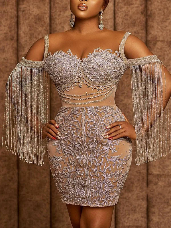 Fashion Off-The-Shoulder Sequined Tasseled See-Through Evening Mini Dress