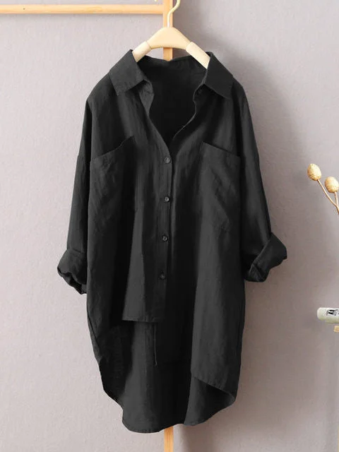 Solid color shirt cotton cardigan double pocket long-sleeved top