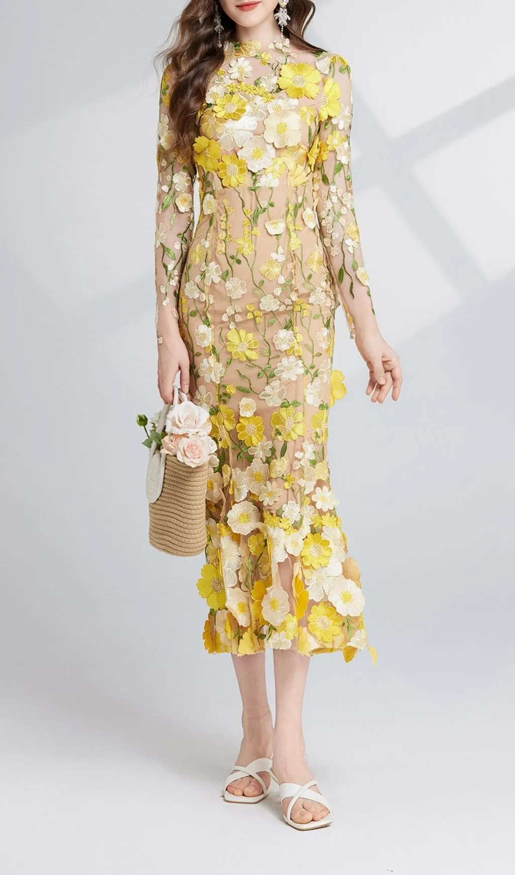 Flowering Girl Women Carol Yellow Floral Embroidery Mesh Fishtail Long Sleeve Midi Dress 