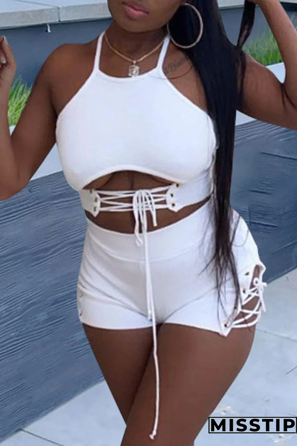 White Fashion Sexy Solid Strap Design O Neck Sleeveless Two Pieces