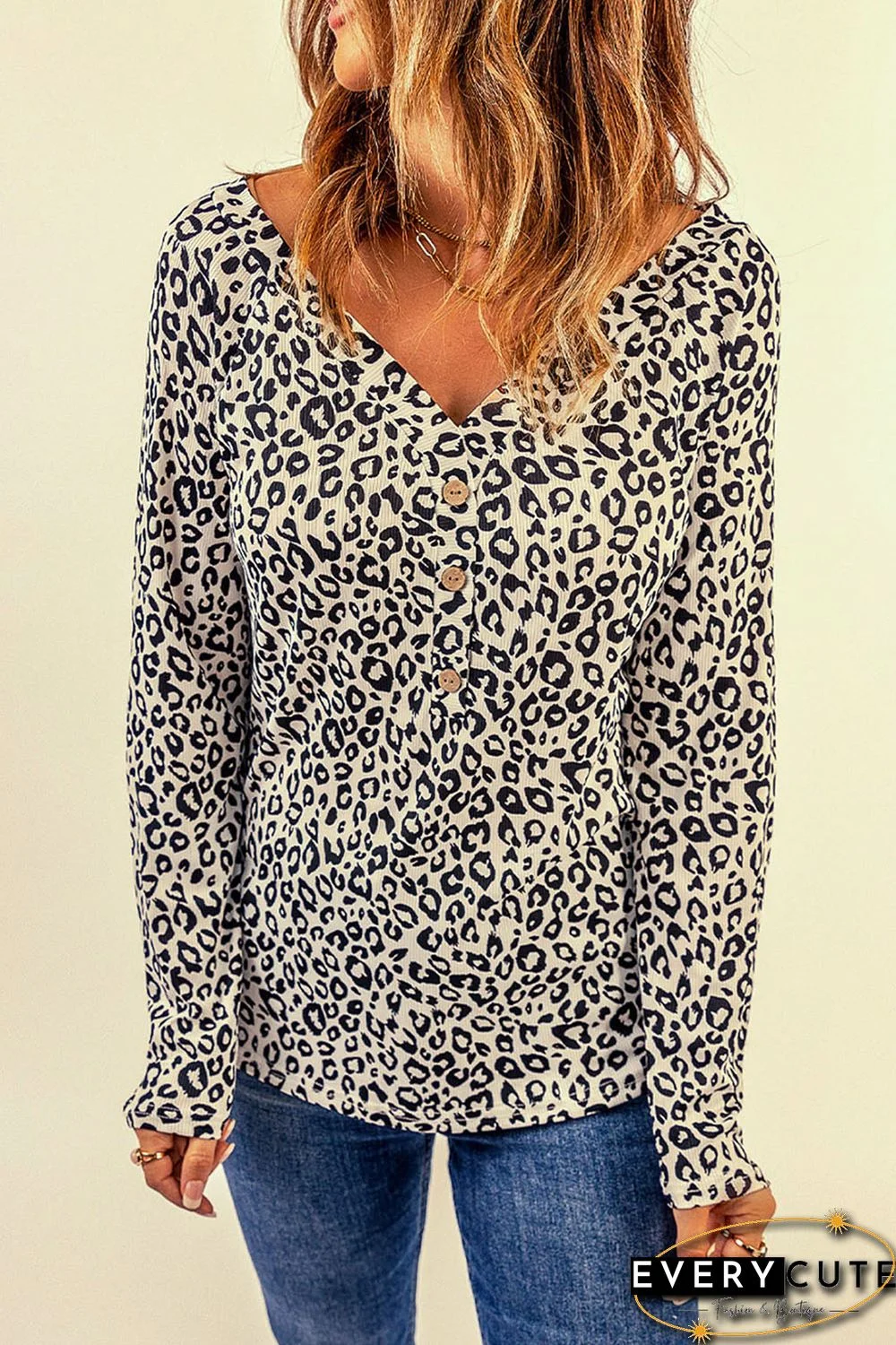 Leopard V Neck Buttons Front Leopard Long Sleeve Top