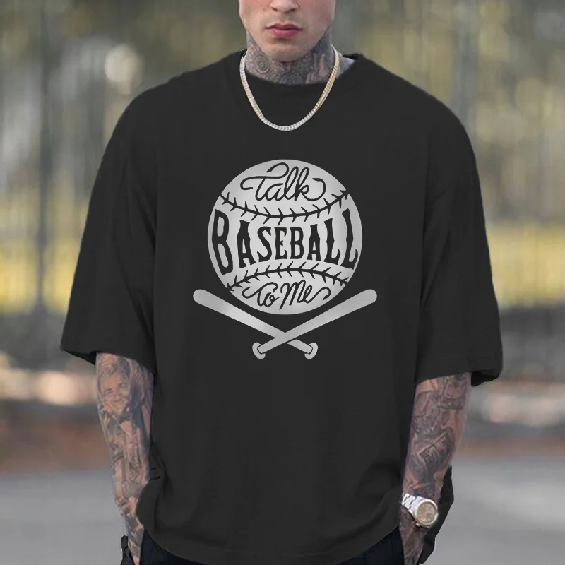 Talk To Me Baseball Printed Loose Black T-shirt