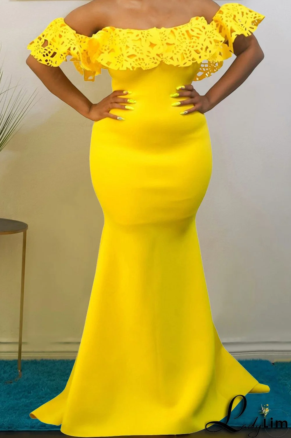 Yellow Fashion Sexy Solid Split Joint Backless Off the Shoulder Evening Dress Dresses