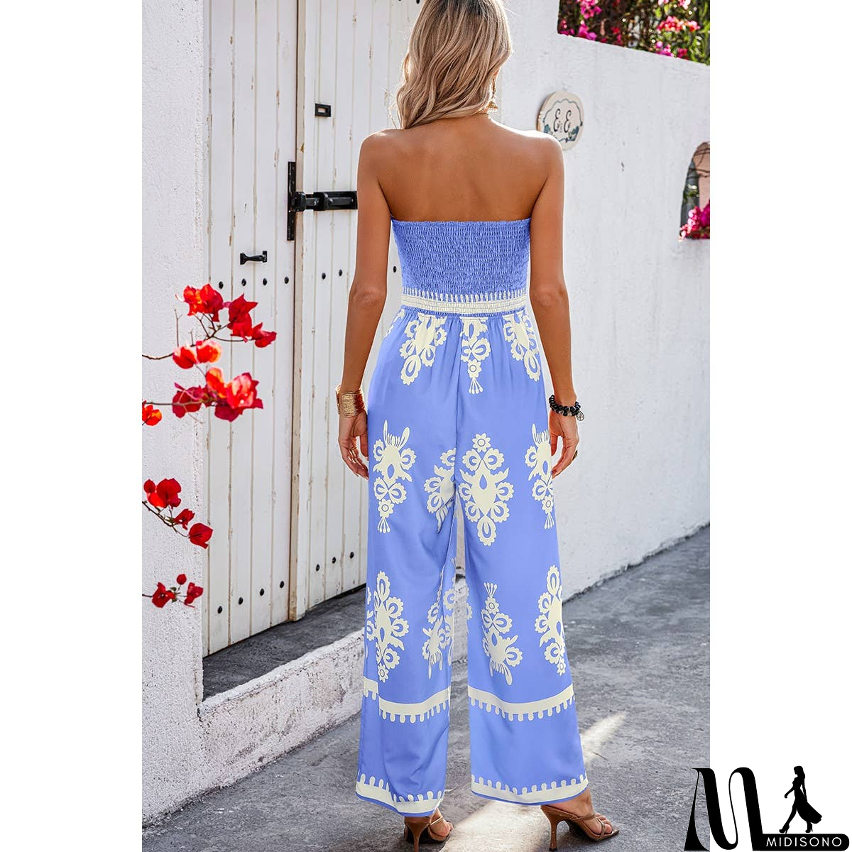 MidiSono - Off Shoulder Ruched Printed High Waist Jumpsuit