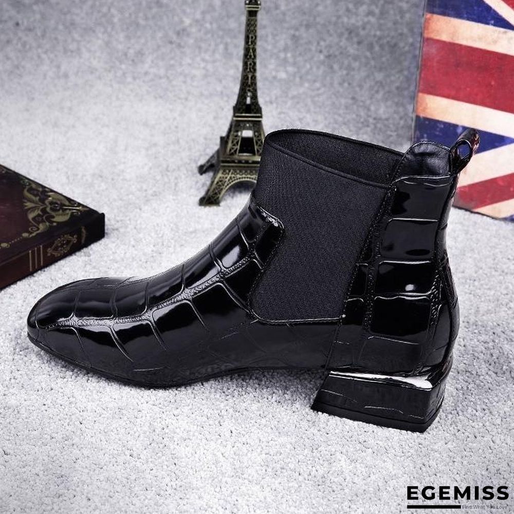 Chic Women Boots Shiny PU Leather Autumn Winter Shoes Woman Spuare Toe Block Heels Ankle Boots | EGEMISS