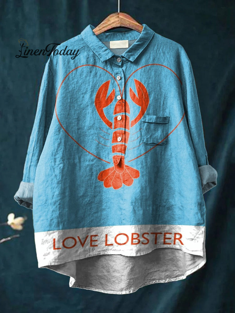 Women&rsquo;s Love Lobster Print Casual Cotton And Linen Shirt Multicolor / S